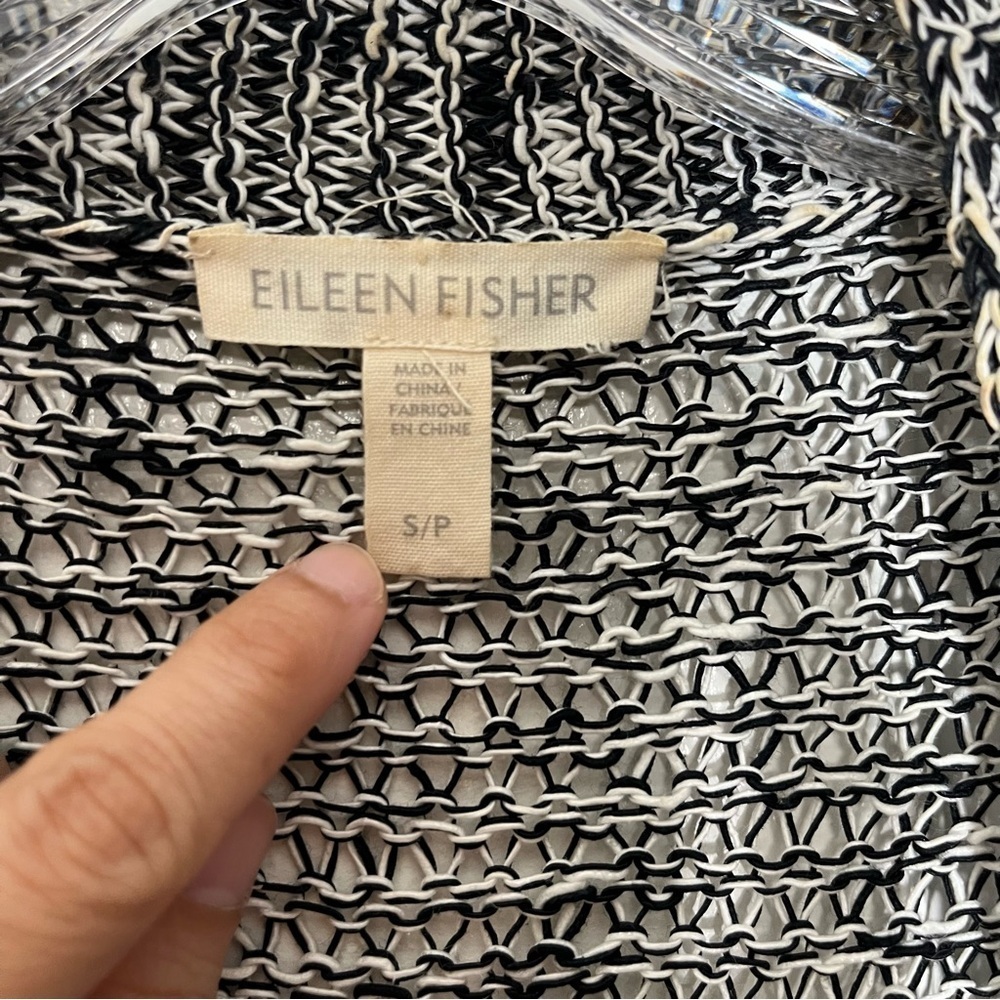 EILEEN FISHER Black and White Open Front Loose Knit Cardigan | size small - Picture 3 of 10